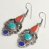 Tqa 169b boucles oreilles tibet orientale turquoise corail lapis lazuli achat vente argent 925