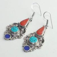 Tqa 169c boucles oreilles tibet orientale turquoise corail lapis lazuli achat vente argent 925