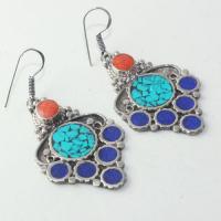 Tqa 171a boucles oreilles tibet orientale turquoise corail lapis lazuli achat vente argent 925