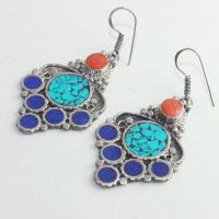 Tqa 171b boucles oreilles tibet orientale turquoise corail lapis lazuli achat vente argent 925