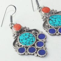 Tqa 171c boucles oreilles tibet orientale turquoise corail lapis lazuli achat vente argent 925