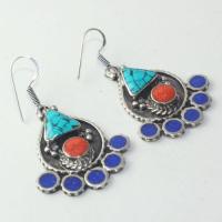 Tqa 176a boucles oreilles tibet orientale turquoise corail lapis lazuli achat vente argent 925