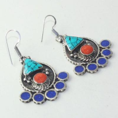 Tqa 176b boucles oreilles tibet orientale turquoise corail lapis lazuli achat vente argent 925