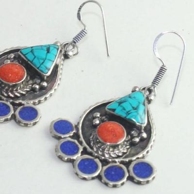 Tqa 176b boucles oreilles tibet orientale turquoise corail lapis lazuli achat vente argent 925