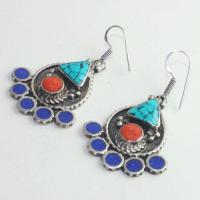 Tqa 176c boucles oreilles tibet orientale turquoise corail lapis lazuli achat vente argent 925