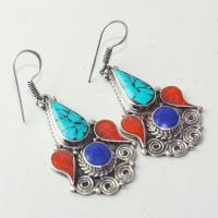Tqa 201a boucles oreilles tibet orientale turquoise corail lapis lazuli achat vente argent 925