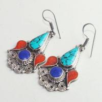 Tqa 201b boucles oreilles tibet orientale turquoise corail lapis lazuli achat vente argent 925