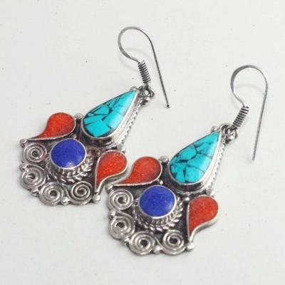 Tqa 201c boucles oreilles tibet orientale turquoise corail lapis lazuli achat vente argent 925