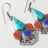 Tqa 201c boucles oreilles tibet orientale turquoise corail lapis lazuli achat vente argent 925
