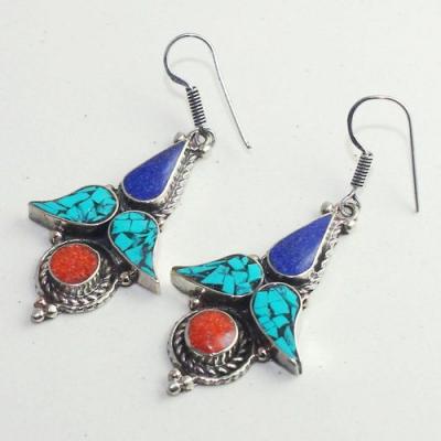 Tqa 202c boucles oreilles tibet orientale turquoise corail lapis lazuli achat vente argent 925