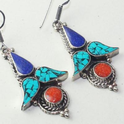 Tqa 202c boucles oreilles tibet orientale turquoise corail lapis lazuli achat vente argent 925