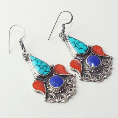 Tqa 203a boucles oreilles tibet orientale turquoise corail lapis lazuli achat vente argent 925