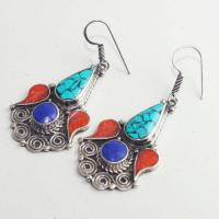 Tqa 203b boucles oreilles tibet orientale turquoise corail lapis lazuli achat vente argent 925