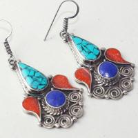 Tqa 203c boucles oreilles tibet orientale turquoise corail lapis lazuli achat vente argent 925