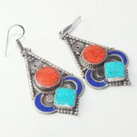 Tqa 206a boucles oreilles tibet orientale turquoise corail lapis lazuli achat vente argent 925