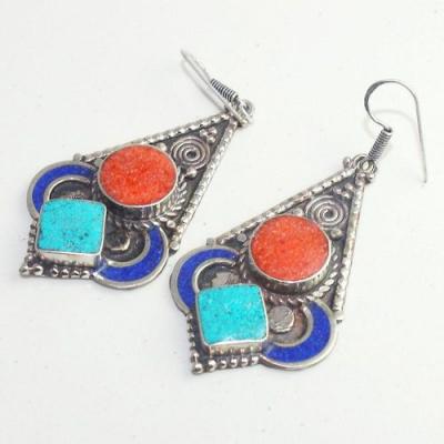Tqa 206c boucles oreilles tibet orientale turquoise corail lapis lazuli achat vente argent 925