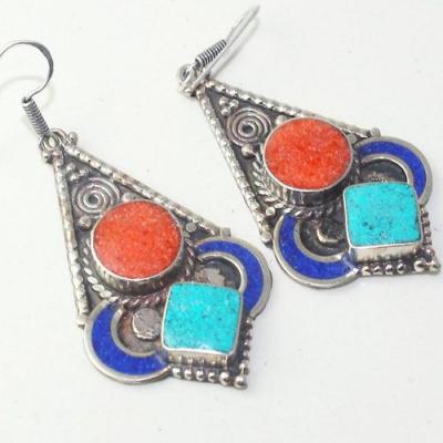 Tqa 206c boucles oreilles tibet orientale turquoise corail lapis lazuli achat vente argent 925