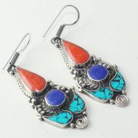 Tqa 207a boucles oreilles tibet orientale turquoise corail lapis lazuli achat vente argent 925