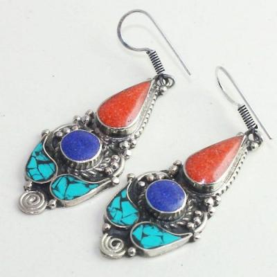 Tqa 207c boucles oreilles tibet orientale turquoise corail lapis lazuli achat vente argent 925