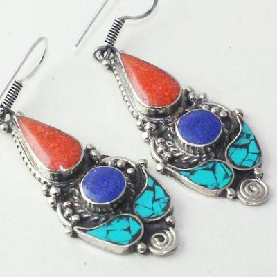 Tqa 207c boucles oreilles tibet orientale turquoise corail lapis lazuli achat vente argent 925