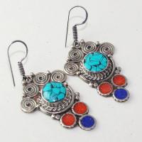 Tqa 208a boucles oreilles tibet orientale turquoise corail lapis lazuli achat vente argent 925