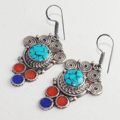 Tqa 208c boucles oreilles tibet orientale turquoise corail lapis lazuli achat vente argent 925