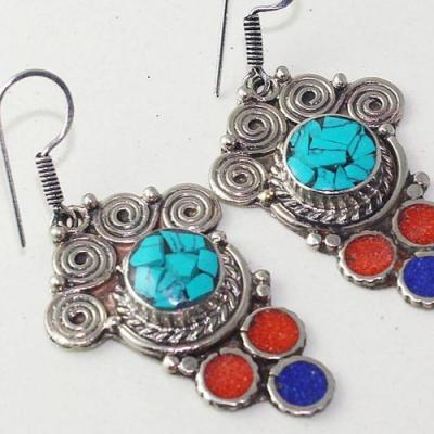 Tqa 208c boucles oreilles tibet orientale turquoise corail lapis lazuli achat vente argent 925