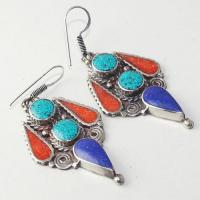 Tqa 209a boucles oreilles tibet orientale turquoise corail lapis lazuli achat vente argent 925