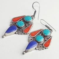 Tqa 209b boucles oreilles tibet orientale turquoise corail lapis lazuli achat vente argent 925
