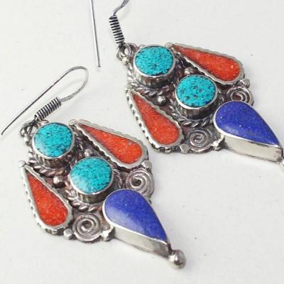Tqa 209c boucles oreilles tibet orientale turquoise corail lapis lazuli achat vente argent 925