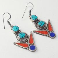 Tqa 210a boucles oreilles tibet orientale turquoise corail lapis lazuli achat vente argent 925
