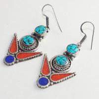 Tqa 210b boucles oreilles tibet orientale turquoise corail lapis lazuli achat vente argent 925