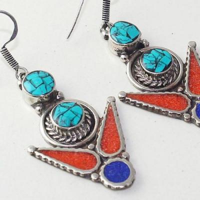 TQA-210 - BOUCLES  D' OREILLES ORIENTALES AFGHANES 50 mm en TURQUOISE - CORAIL et LAPIS LAZULI sur argent 925  - 80 carats 16 gr