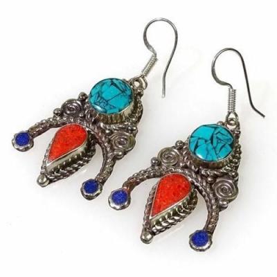 Tqa 284c boucles oreilles tibet orientale turquoise corail lapis lazuli achat vente argent 925