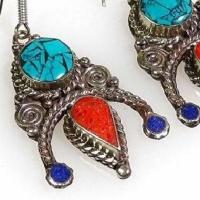 Tqa 284b boucles oreilles tibet orientale turquoise corail lapis lazuli achat vente argent 926