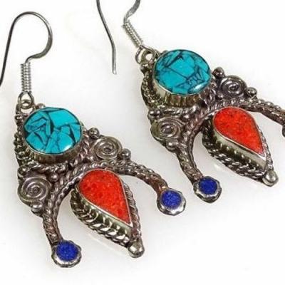 Tqa 284c boucles oreilles tibet orientale turquoise corail lapis lazuli achat vente argent 925