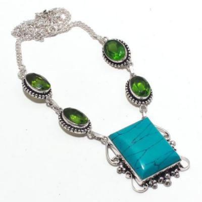 Tqa 298b collier parure sautoir turquoise peridot 21gr 22x28mm tibet achat vente bijou argent 925