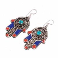 Tqa 302b boucles oreilles hamsa orientale turquoise corail lapis lazuli achat vente argent 925