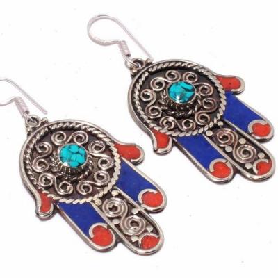 Tqa 302c boucles oreilles hamsa orientale turquoise corail lapis lazuli achat vente argent 925