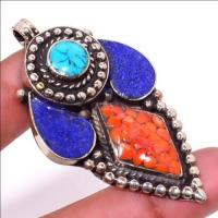 Tqa 304a pendentif pendants 22gr 35x60mm turquoises lapis corail tibet achat vente bijou argent