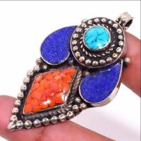 Tqa 304b pendentif pendants 22gr 35x60mm turquoises lapis corail tibet achat vente bijou argent