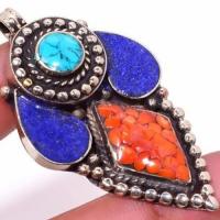 Tqa 304c pendentif pendants 22gr 35x60mm turquoises lapis corail tibet achat vente bijou argent