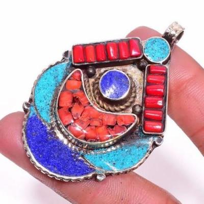 Tqa 306c pendentif pendants 22gr 40x60mm turquoises lapis corail tibet achat vente bijou argent