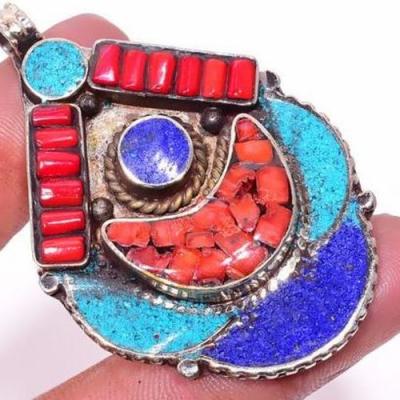 Tqa 306c pendentif pendants 22gr 40x60mm turquoises lapis corail tibet achat vente bijou argent