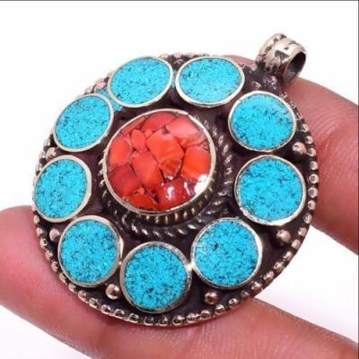 Tqa 308c pendentif pendants 23gr diam40mm turquoises lapis corail tibet achat vente bijou argent