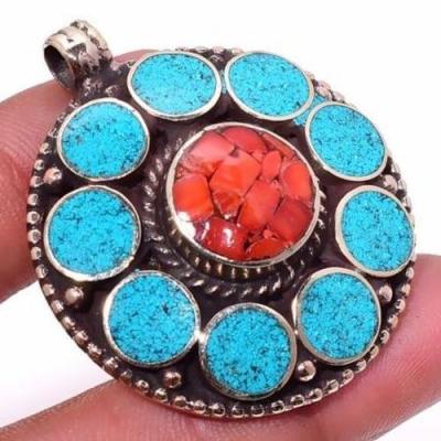 Tqa 308c pendentif pendants 23gr diam40mm turquoises lapis corail tibet achat vente bijou argent