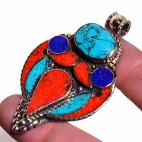 Tqa 326e pendentif pendant 20gr turquoise lapis lazuli corail 35x60mm vente bijou argent 925