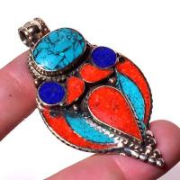 Tqa 326f pendentif pendant 20gr turquoise lapis lazuli corail 35x60mm vente bijou argent 925