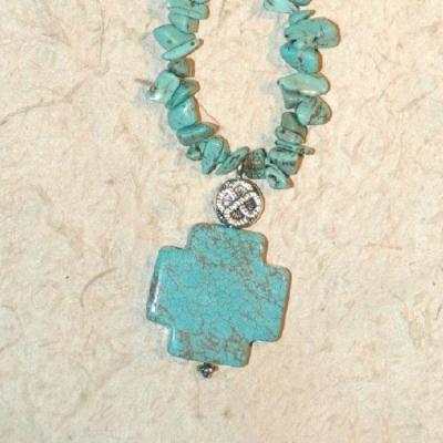 Tqa 348b collier parure sautoir turquoise croix 65gr argent 925 ethnique achat vente