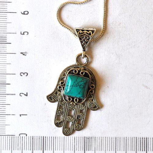 Tqa 786 pendentif pendant chaine hamsa fatima 40mm turquoise argent 1